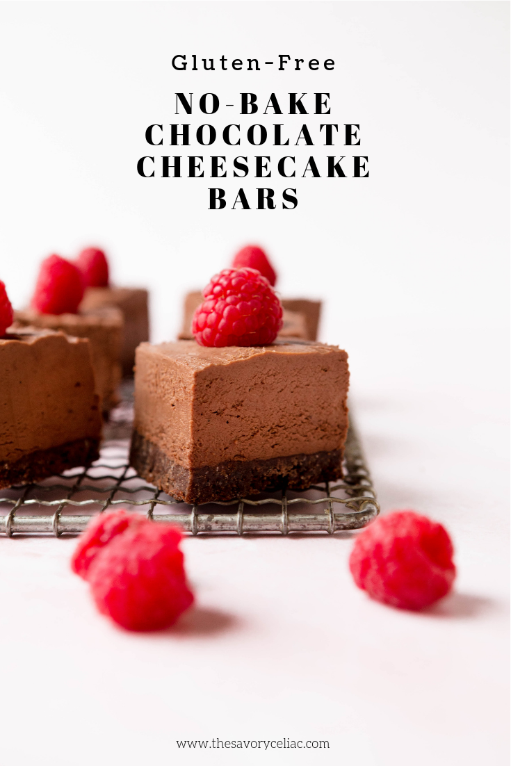 Pinterest graphic for no bake chocolate cheesecake bars. 