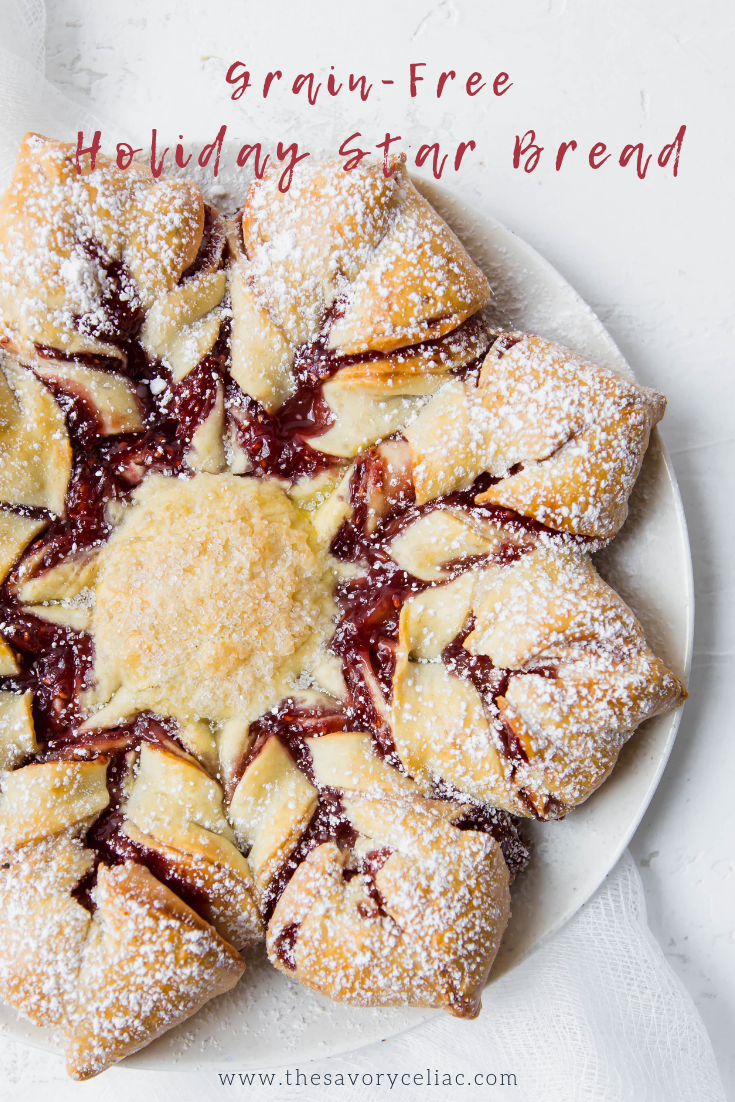 Pinterest graphic for a grain-free star shaped bread filled with raspberry jam. 