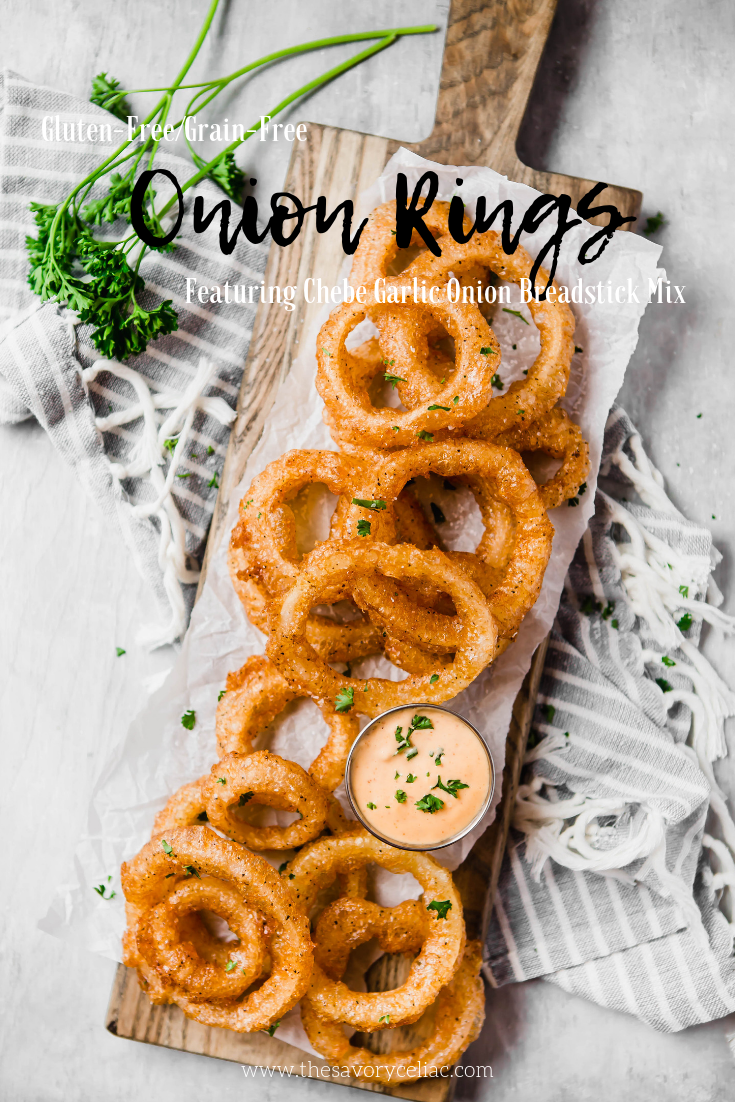 Pinterest graphic for grain-free deep fried onion rings you can make at home. 