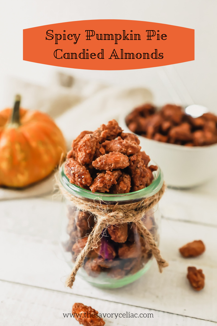 Pinterest graphic for candied almonds made with pumpkin pie spice.