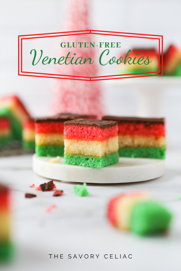 A Pinterest graphic for gluten-free Venetian cookies. Layered cookies with apricot jam in between green, white, and red sponge cake. Covered in chocolate.