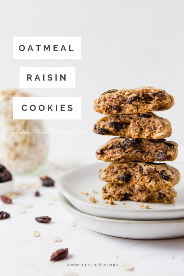 Pinterest graphic displaying the title of the recipe as oatmeal raisin cookies, gluten-free and dairy-free.