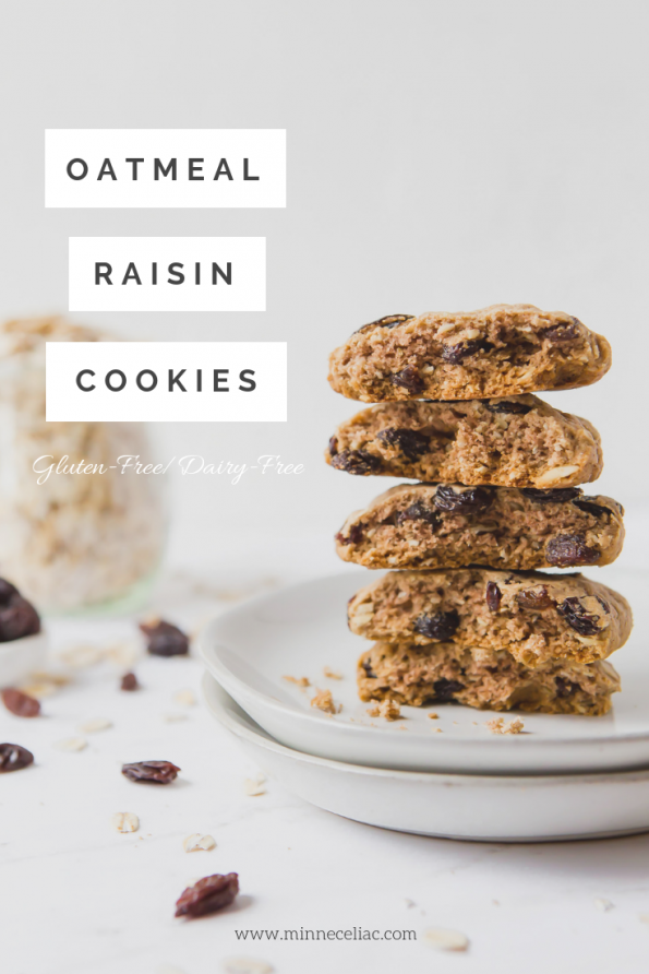 Pinterest graphic displaying the title of the recipe as oatmeal raisin cookies, gluten-free and dairy-free
