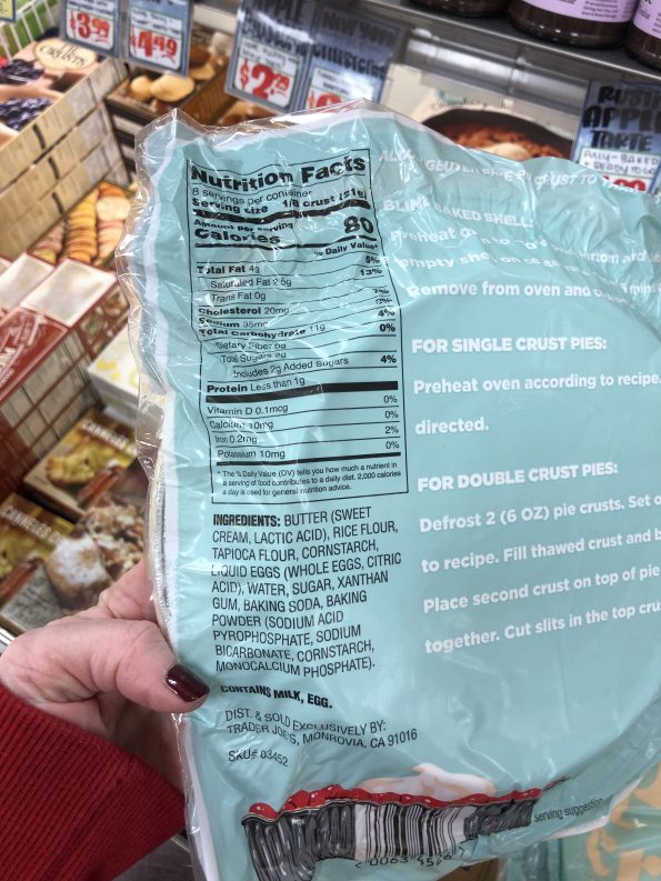 The ingredients and nutrition facts for the Trader Joe's gluten-free pie crust. Ingredients include milk and eggs.