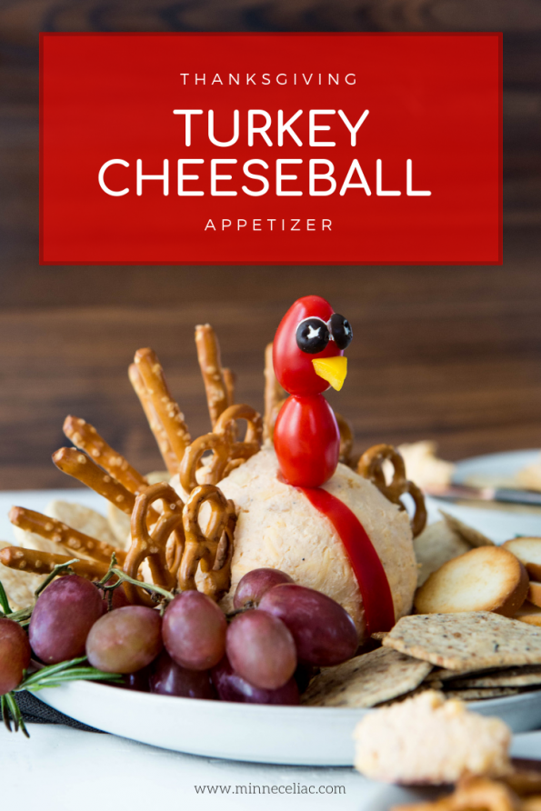 Pinterest graphic explaining wha the recipe is. Cheeseball shared like a turkey. Pretzel twists and sticks placed in a fan shape in the back look like turkey feathers.