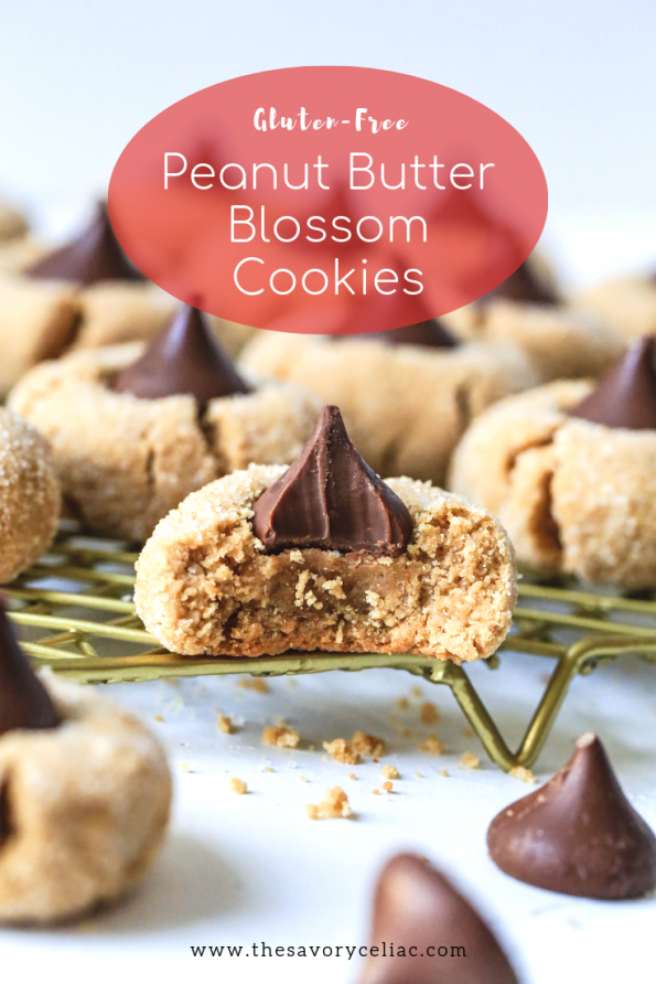 Pinterest graphic for gluten-free peanut butter blossoms
