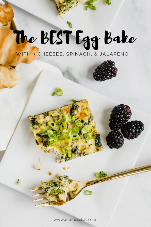 Pinterest graphic of a slice of egg bake on a square plate. A few blackberries and croissants surround the plate.