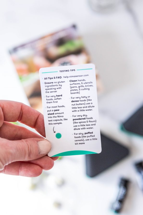 Photo of a card highlighting how to test food with the Nima Gluten Sensor.