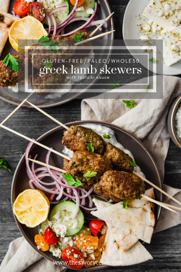 A Pinterest graphic for Greek Lamb Skewers.