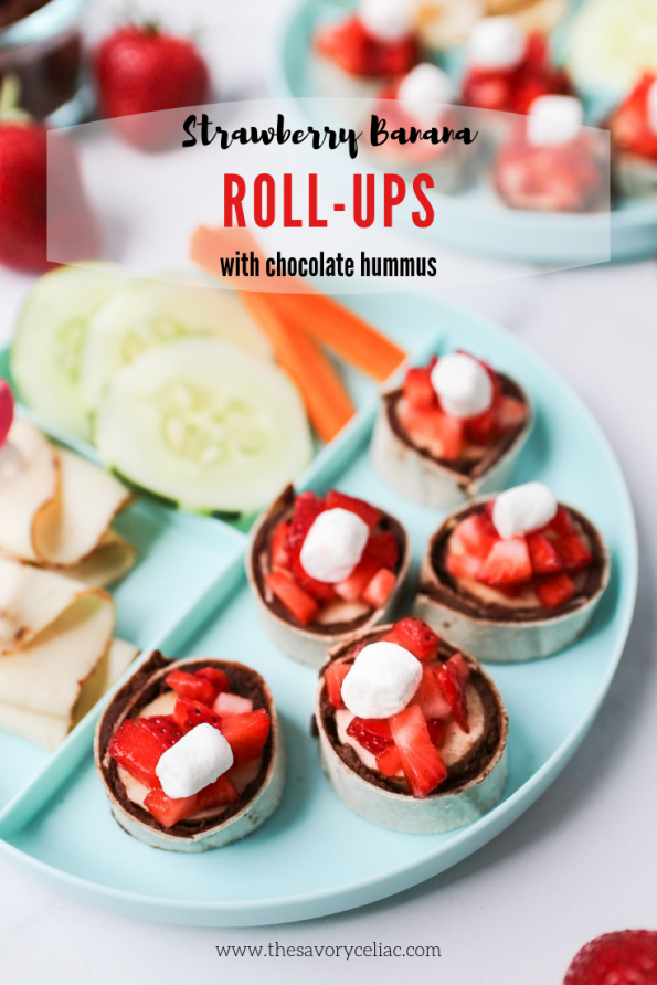 Pinterest graphic for strawberry banana roll-ups with chocolate hummus.